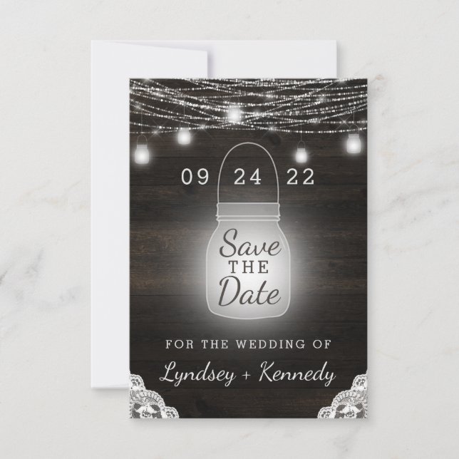 Oak Ridge Rustic Wood Lights & Mason Jars Save The Date (Vorderseite)