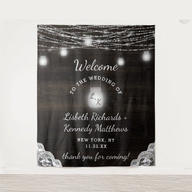 Oak Ridge Rustic Wood & Mason Jars Wedding Willkom Wandteppich (Vorderseite)