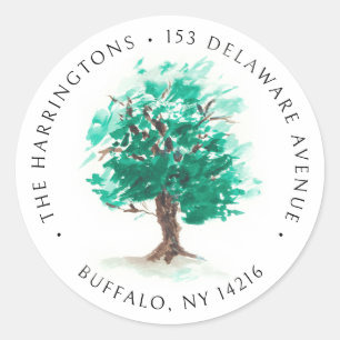 Oak Tree HandGezeichnet Aquarellfarben Rücksendead Runder Aufkleber