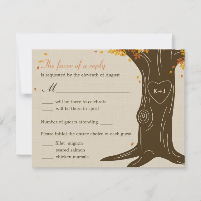 Oak Tree Hochzeit im Herbst RSVP Card mit Menü Sel (Vorderseite)