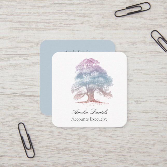 Oak Tree on Blue Illustration Business Card Quadratische Visitenkarte (Vorderseite/Rückseite Beispiel)