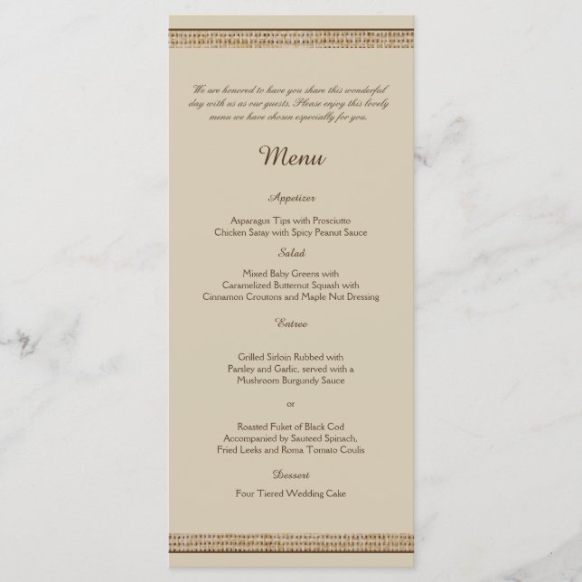 Oak Tree on Burlap Wedding Menu Menükarte (Vorderseite)