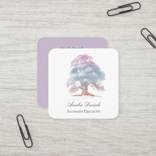 Oak Tree on Lilac Illustration Business Card Quadratische Visitenkarte (Vorderseite/Rückseite Beispiel)