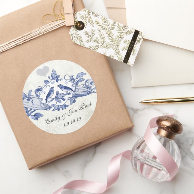 Oak Tree Scroll Navy Vögel Hochzeitsticker Runder Aufkleber (Schenken)