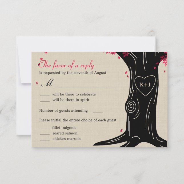Oak Tree Wedding RSVP Card mit Menü - Fuchsia (Vorderseite)