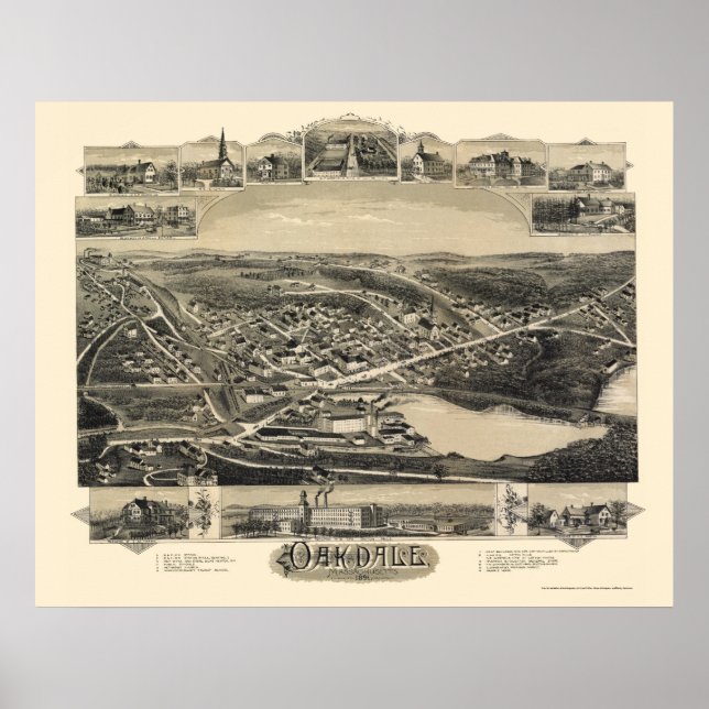 Oakdale, MA Panorama Karte - 1891 Poster (Vorne)