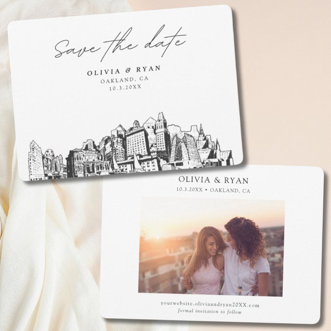 Oakland Wedding Modern Save the Date Einladung (Oakland wedding skyline sketch with engagement photo)
