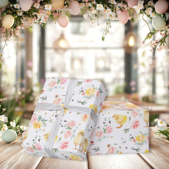 Oaster Baby Chicks Frühlingsfloral Geschenkpapier (Easter Baby Chicks Spring Floral Wrapping Paper)