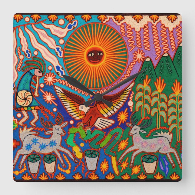 Oaxaca Mexico Maya Tribal Art Boho Reisen Quadratische Wanduhr (Vorderseite)