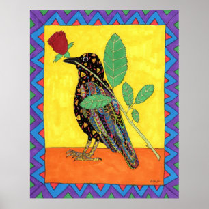 Oaxacan Crow with Red Rose Poster