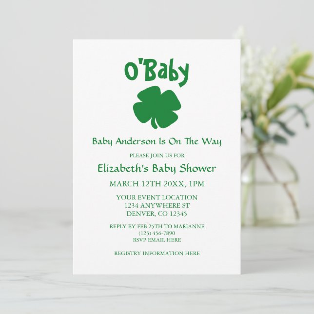 O'Baby St Patrick's Day Baby Shower Einladung (Stehend Vorderseite)