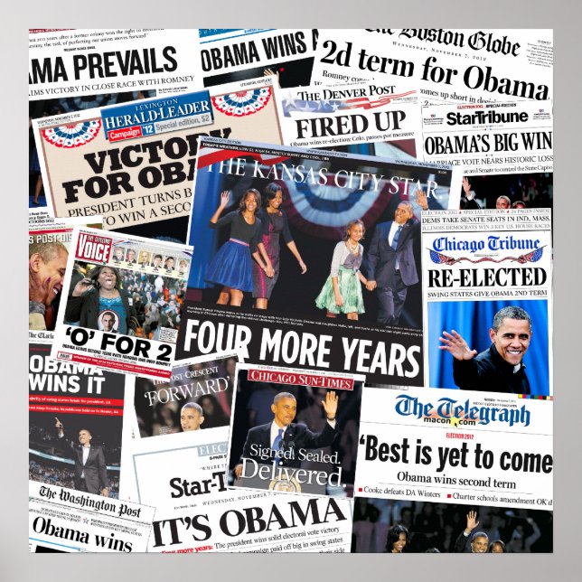 Obama gewinnt Front Page Newspaper Collage 2012 Poster (Vorne)