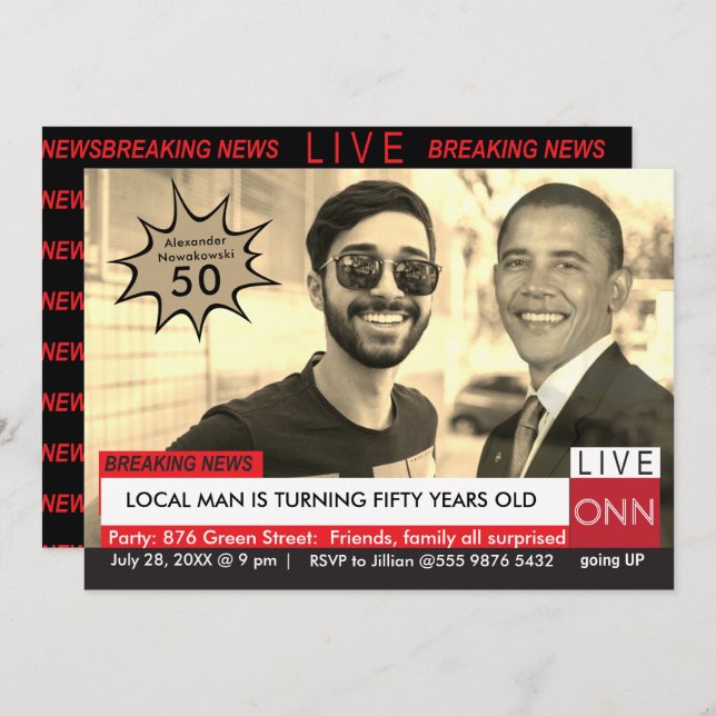 Obama Mens Funny TV News 50. Geburtstag Einladung (Vorne/Hinten)