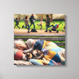 Obdachlose Lady Napping auf einer Parkbank Leinwanddruck