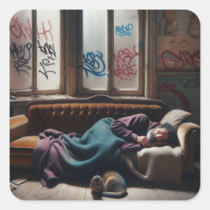 Obdachlose schlafen im verlassenen Gebäude Quadratischer Aufkleber