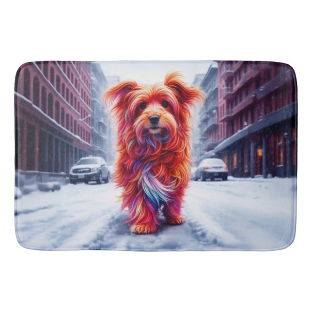 Obdachloser Hund im kalten schneebedeckten urbanen Badematte (Vorderseite)