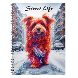 Obdachloser Hund im kalten schneebedeckten urbanen Notizblock