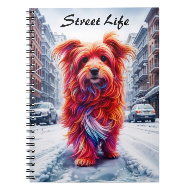 Obdachloser Hund im kalten schneebedeckten urbanen Notizblock (Vorderseite)