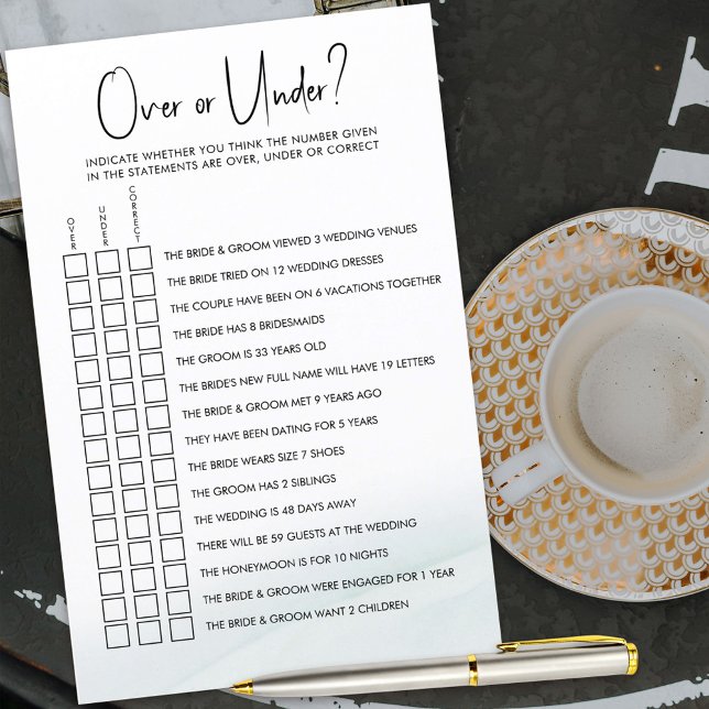 Oben oder unter Brautparty Game Green Wash (Over or Under bridal shower guessing game for guests)