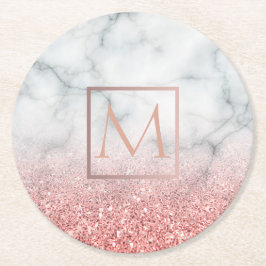 Ober-Rose-Goldmonogramm auf weißem Marmorstein Runder Pappuntersetzer
