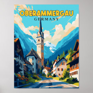 Oberammergau Deutschland vintage Reiseillustration Poster