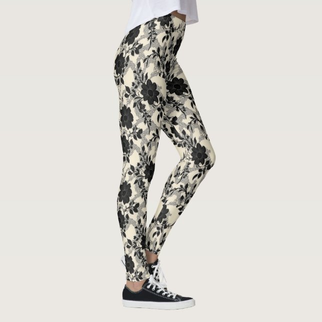 Oberes florales Muster Schwarz Leggings (Rechts)