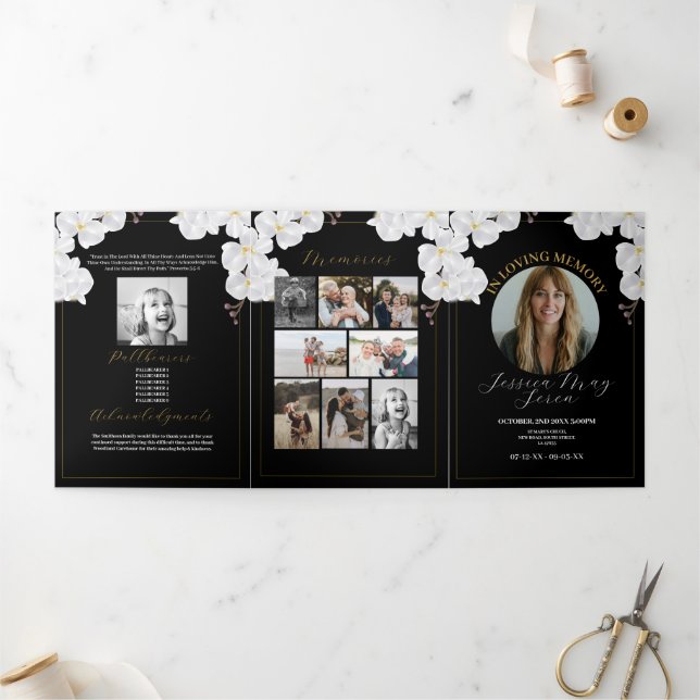 Obituary Celebration of Life Foto Blume White Dreifach Gefaltete Einladung (Außenbereich)