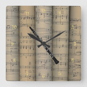 Oboe ~ gerolltes Notenen-Hintergrund ~ Musical Quadratische Wanduhr