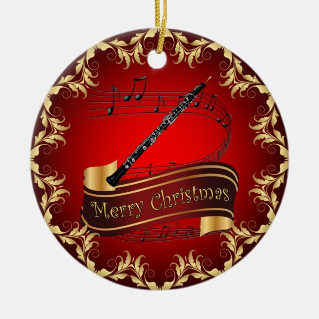 Oboe ~ Musical Scroll ~ Frohe Weihnachten ~ * ~ Keramik Ornament (Vorne)