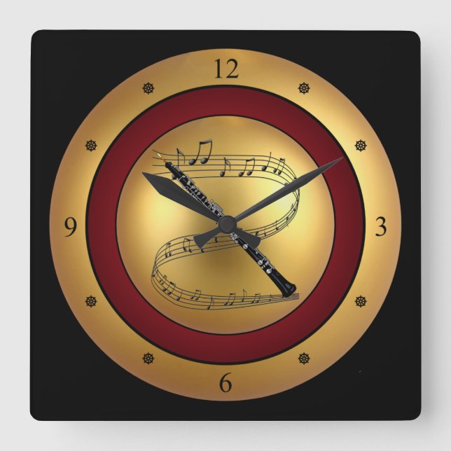 Oboe~musical Scroll~Gold/Maroon/Black Background~ Quadratische Wanduhr (Vorderseite)