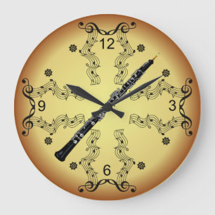 Oboe ~ Musical Scroll ~ Goldener Hintergrund ~ Große Wanduhr
