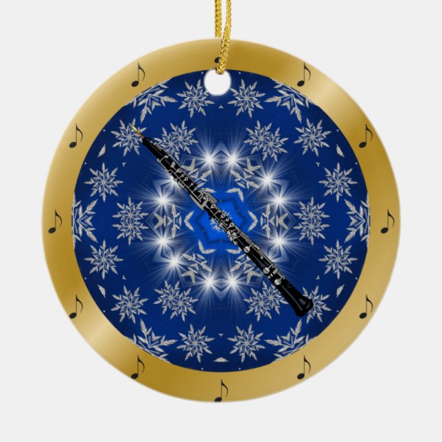 Oboe ~ Silver ~ Blau ~ Gold ~ Weihnachten ~ Keramik Ornament (Vorne)