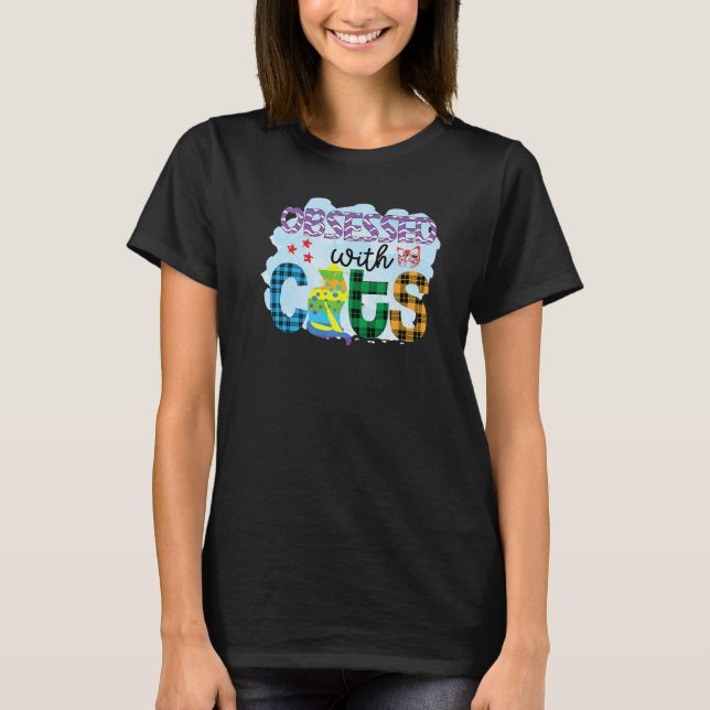 Obsessed With Cats Graphic Patchwork Cat T-Shirt (Vorderseite)