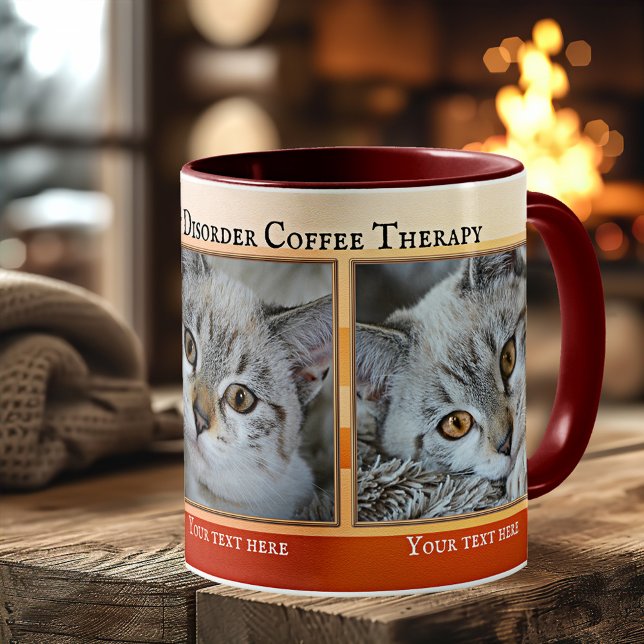 Obsessive Cat-Störung Kaffeetherapie Tasse (Mug featuring your funny cat photos framed by an orange striped design with gold - cat lover gift)