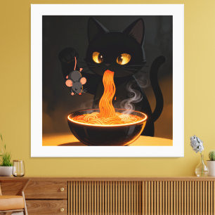 Obsidian-Katze & mutige Maus – Mitternachts-Ramen- Leinwanddruck