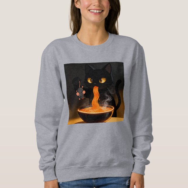Obsidian-Katze & mutige Maus – Mitternachts-Ramen- Sweatshirt (Vorderseite)