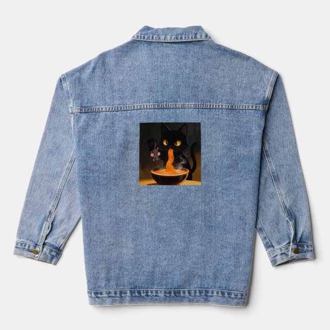 Obsidian-Katze und mutige Maus – Mitternachts-Rame Jeansjacke (Rückseite)