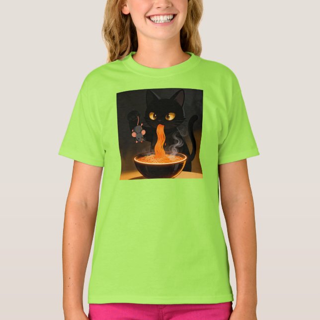 Obsidian-Katze und mutige Maus – Mitternachts-Rame T-Shirt (Vorderseite)