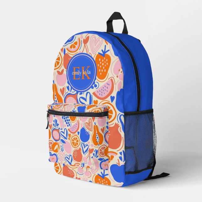 Obst Gemüse aus Orangenblauer Monogramm Bedruckter Rucksack (Rückseitige Ecke Rechts)