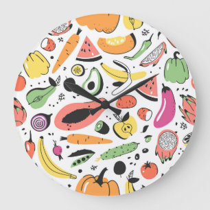 Obst, Gemüse, handgezeichnet. Große Wanduhr