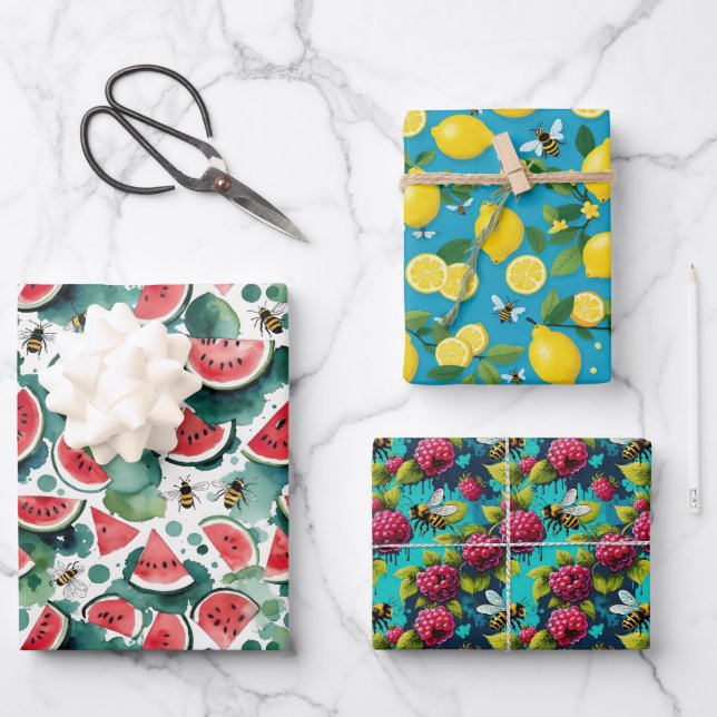 Obst und Bienen Wassermelonen Zitronen und Rasberr Geschenkpapier Set (Vorderseite)