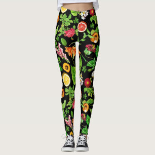 Obst- und Blätter-Muster auf schwarz Leggings