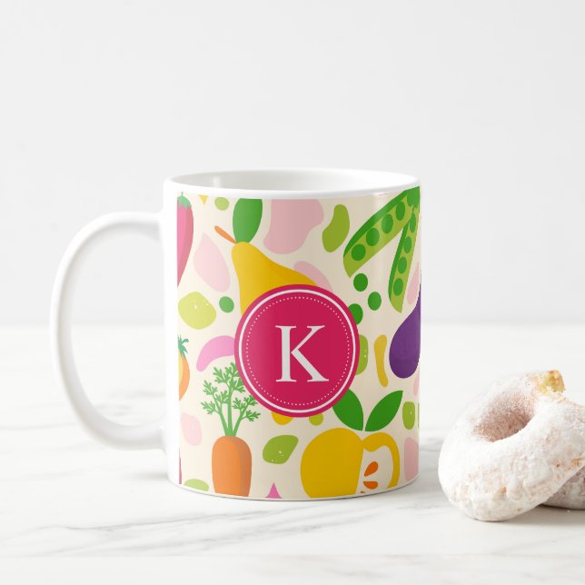 Obst und Gemüse aus roten Monogramm Kaffeetasse (Mit Donut)