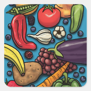 Obst und Gemüse in Blauen Farben Quadratischer Aufkleber