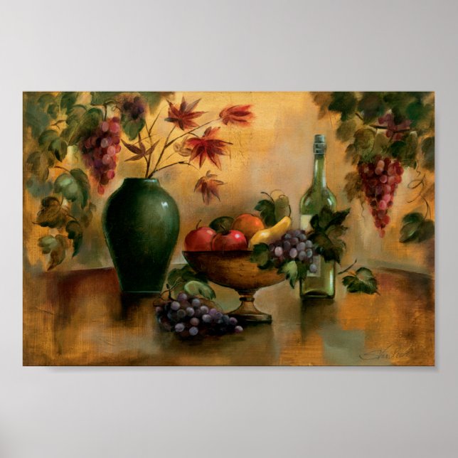 Obst und Wein mit Herbstblüten Poster (Vorne)