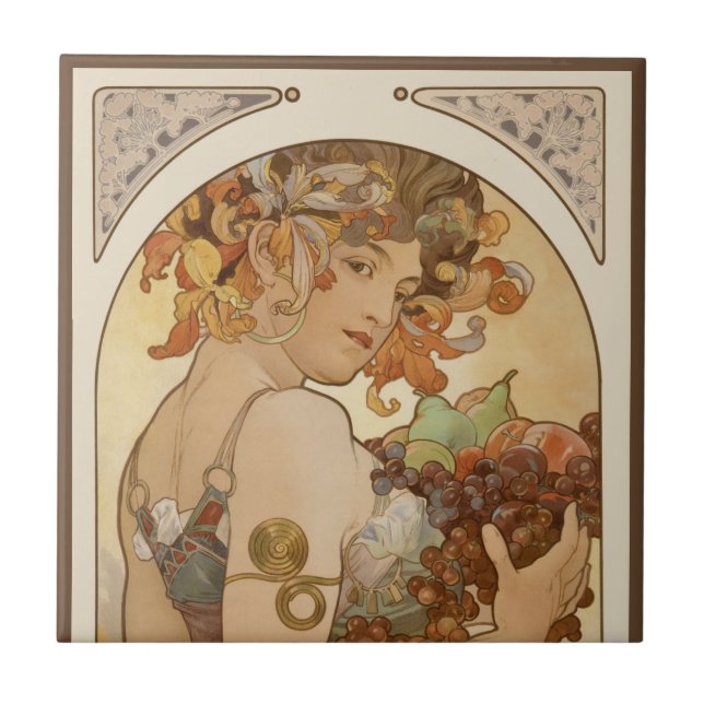 Obst von Alphonse Mucha, Vintage Art Nouveau Fliese (Vorderseite)