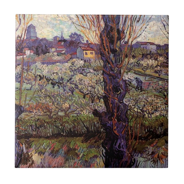 Obstgarten in Blossom, Arles von Vincent van Gogh Fliese (Vorderseite)
