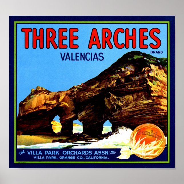 Obstkorb-Etikett "Three Arches Valencia Orange" Poster (Vorne)