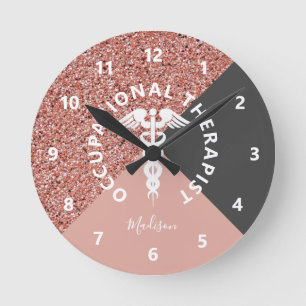 Occupational Therapist Rose Gold Pink Glitter Name Runde Wanduhr