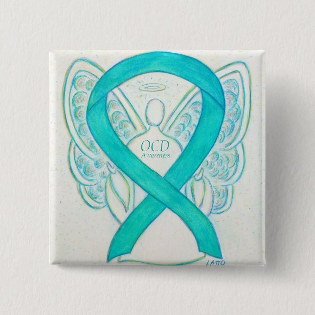 OCD Aquamarin Awareness Ribbon Angel Custom Button (Vorderseite)
